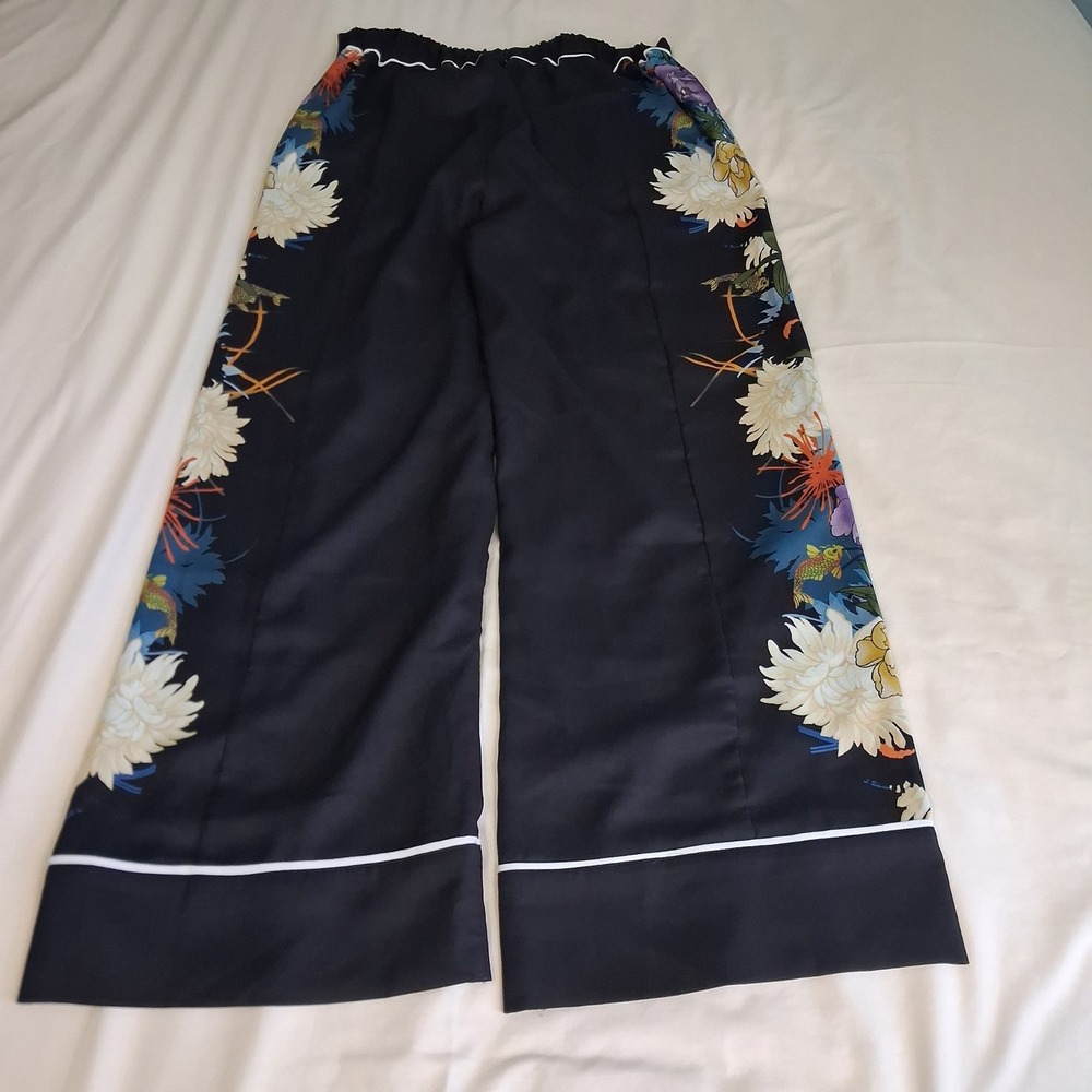 Biba Floral Koi Fish Print Wide Leg Pants Black High Elasic Waist Size 12 - Picture 2 of 14
